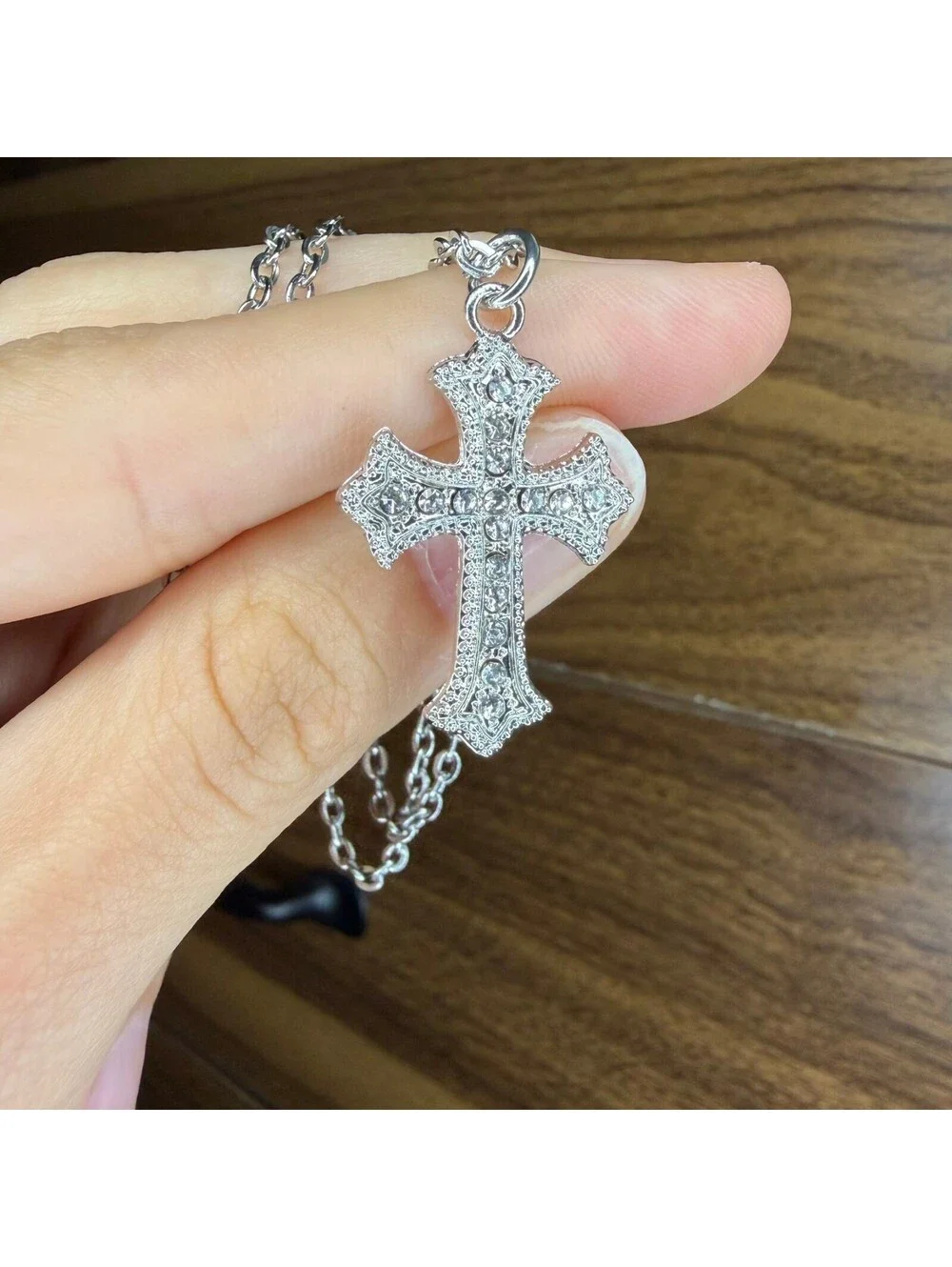 Rhinestone Cross Silver Necklace A-27
